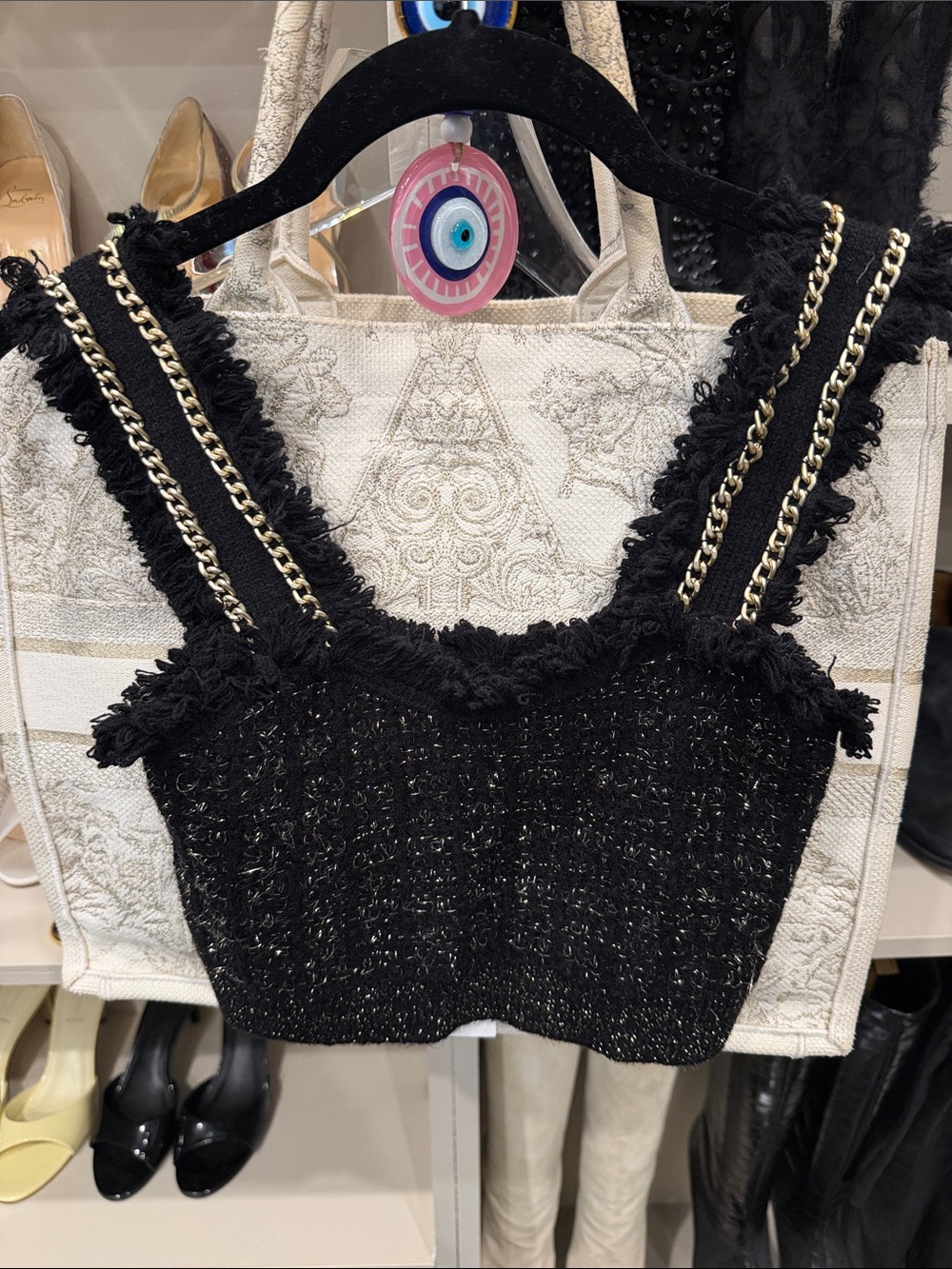 Mango Black Tweed Knit Cropped Tank with Gold Chain Straps